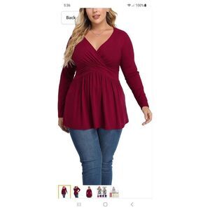 New 3XL Tianzhu Wine Red Long Sleeve Pleated VNeck Casual Tunic Top Shirt NWT